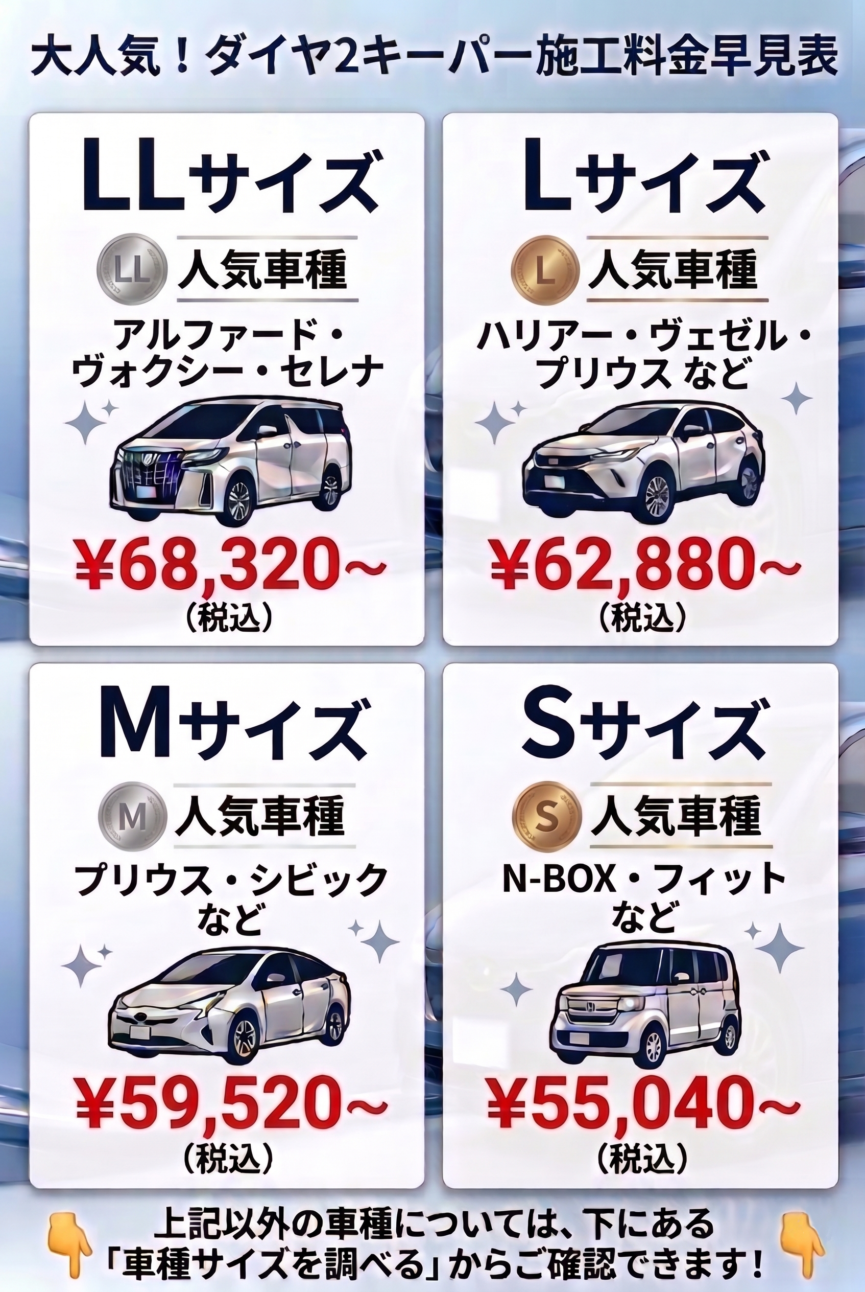 【スマホ用】ダイヤ2キーパーサイズ別料金早見表（人気車種別の施工費用目安）
